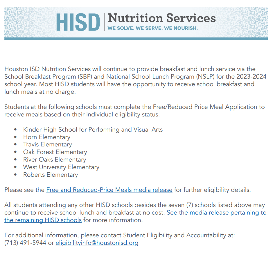 Houston ISD Nutrition Student Eligibility